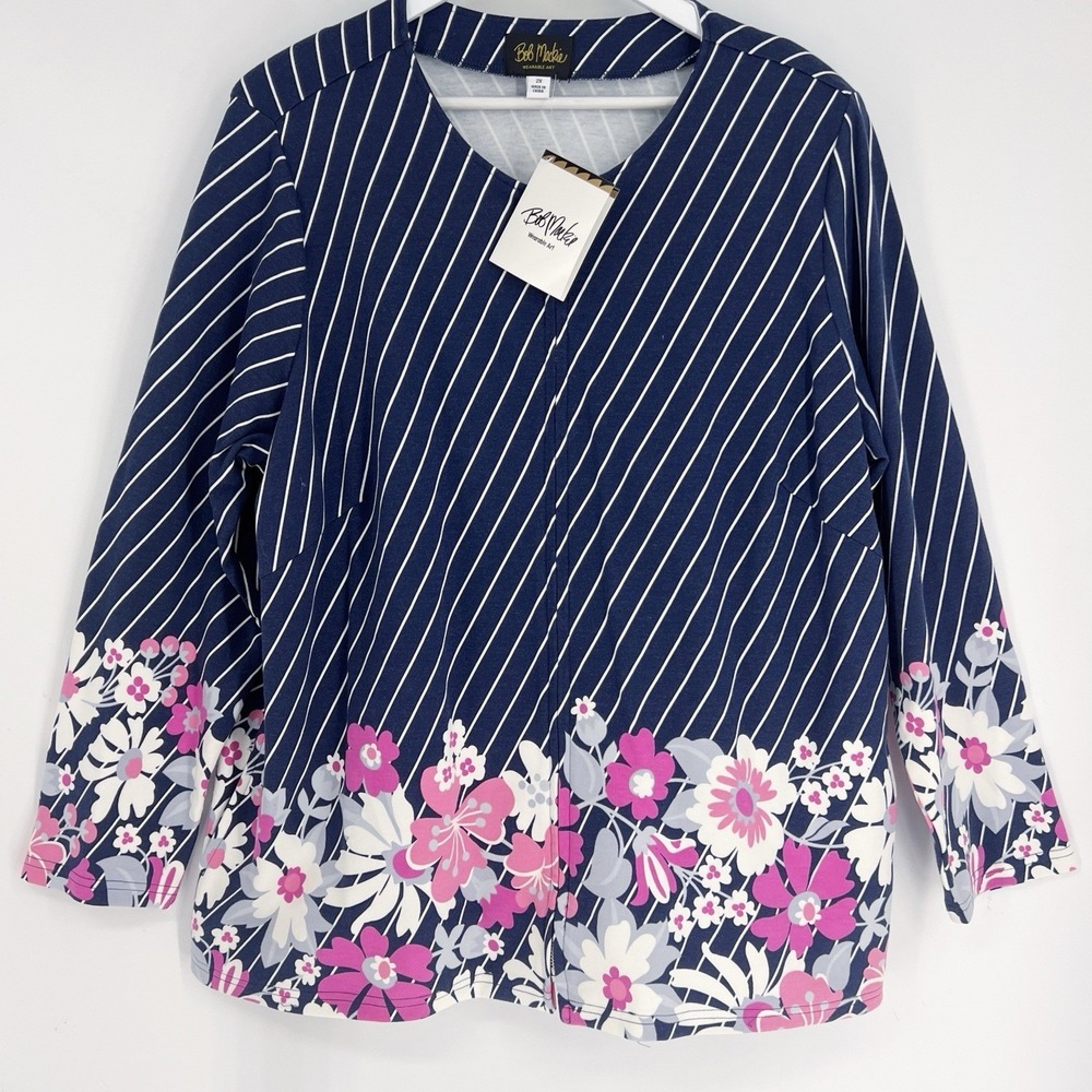 NWT BOB MACKIE 2X Wearable Art Navy Blue Stripe Floral Print Front Zip Jacket